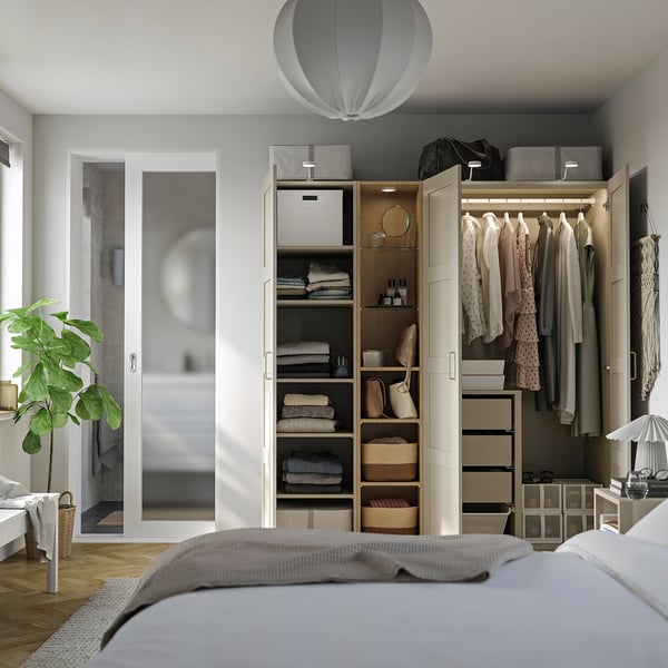 PAX / BERGSBO Wardrobe combination, gray-beige gray-beige/oak effect, 72 7/8x23 5/8x79 1/4 "