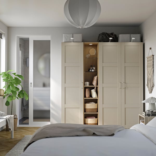PAX / BERGSBO Wardrobe combination, gray-beige gray-beige/oak effect, 72 7/8x23 5/8x79 1/4 "