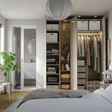 PAX / BERGSBO Wardrobe combination, gray-beige gray-beige/oak effect, 72 7/8x23 5/8x93 1/8 "