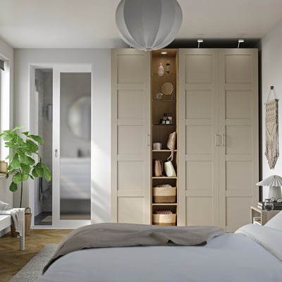PAX / BERGSBO Wardrobe combination, gray-beige gray-beige/oak effect, 72 7/8x23 5/8x93 1/8 "