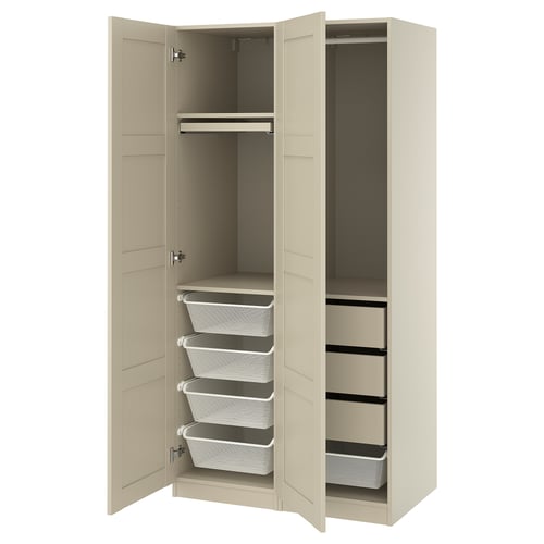 An open beige PAX wardrobe with mesh baskets and drawers, featuring a hanging rail and integrated storage solutions.