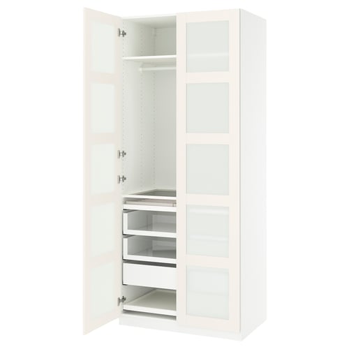 White PAX wardrobe, open doors, wooden and glass interior.