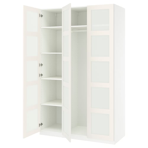 White IKEA PAX wardrobe, tall with mirrored doors, open showing shelves.
