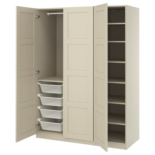 PAX wardrobe, beige, wooden, three sections, two doors open, one with shelves, other with mesh drawers.