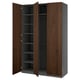 Image shows IKEA PAX wardrobe in walnut with dark grey interiors, adjustable shelves, and soft close doors.