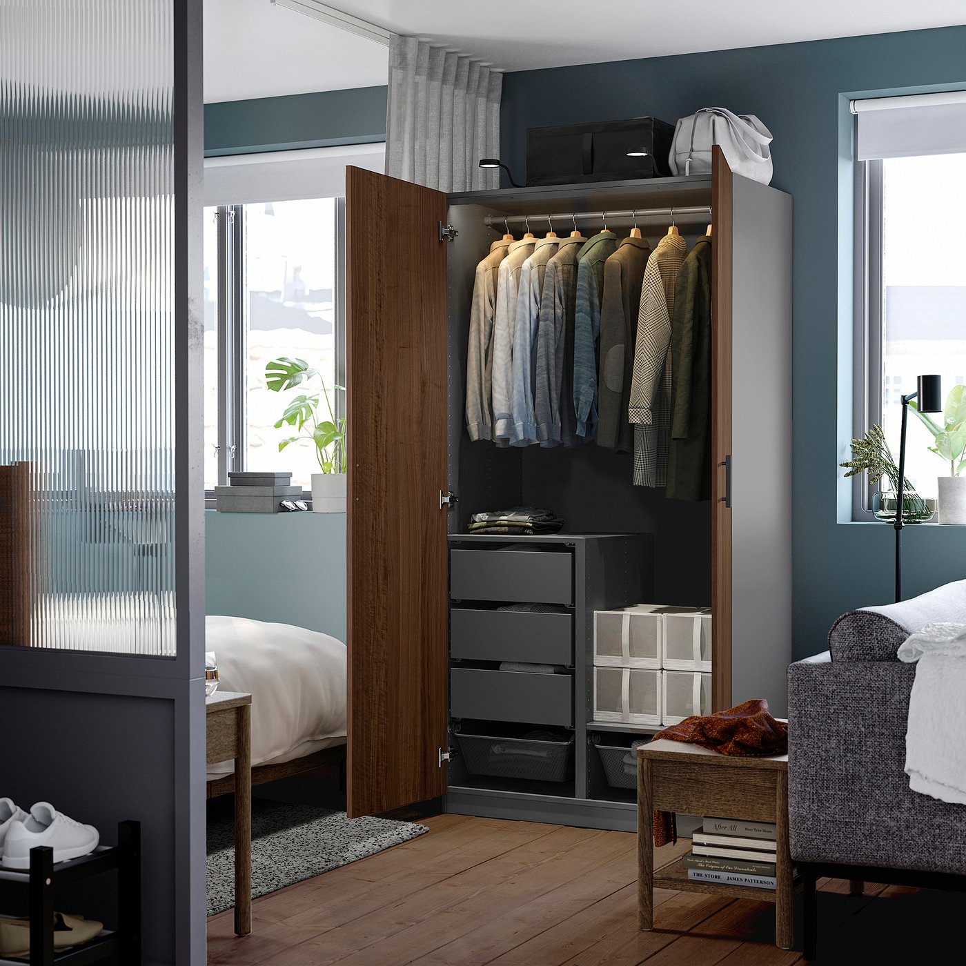 Wardrobe combination, dark gray/walnut veneer 5