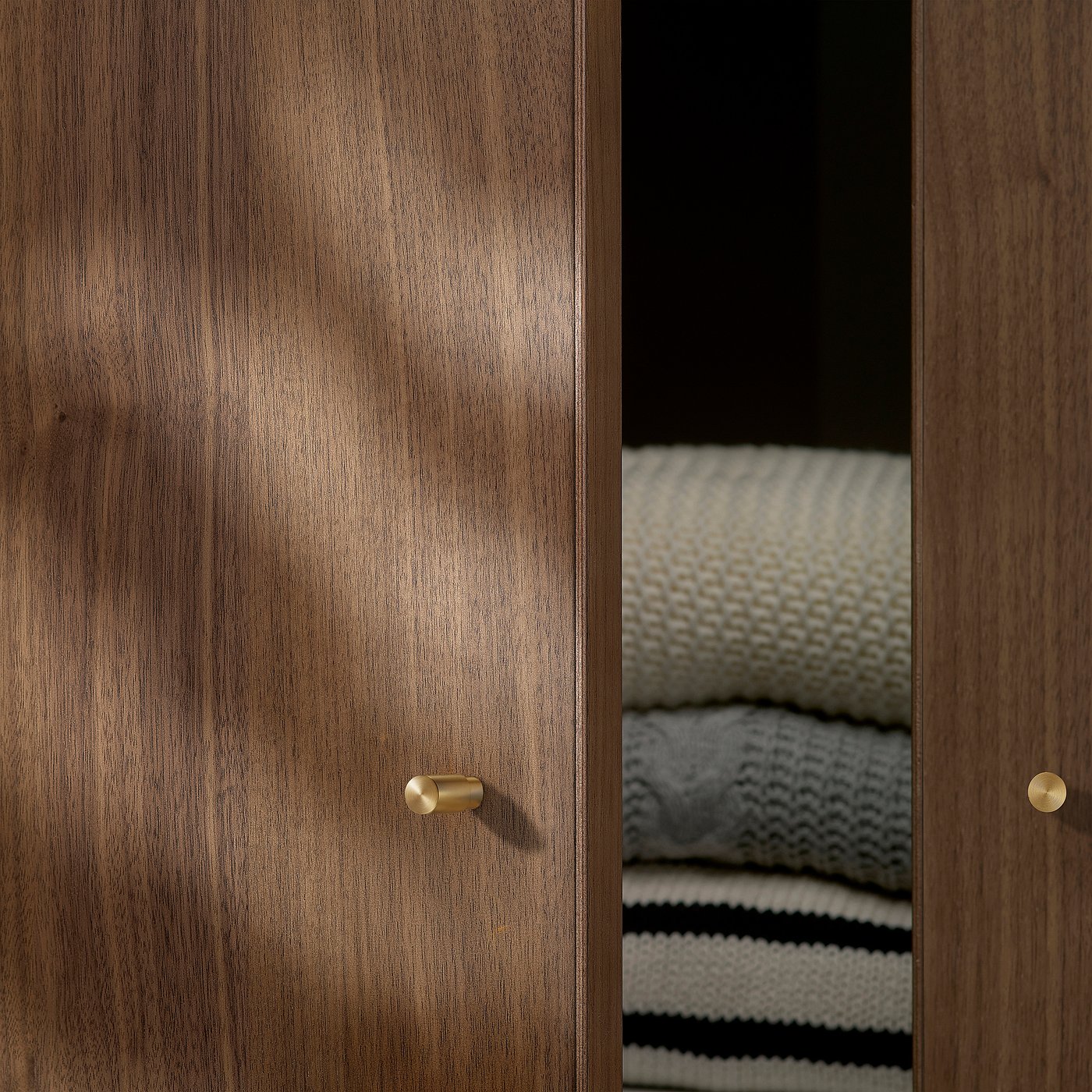 PAX / BJÖRNESKOGEN wardrobe combination, gray-beige/walnut veneer
