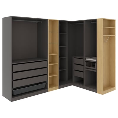 PAX Corner wardrobe, dark gray dark gray/oak effect, 90 3/4/77x79 1/4 "