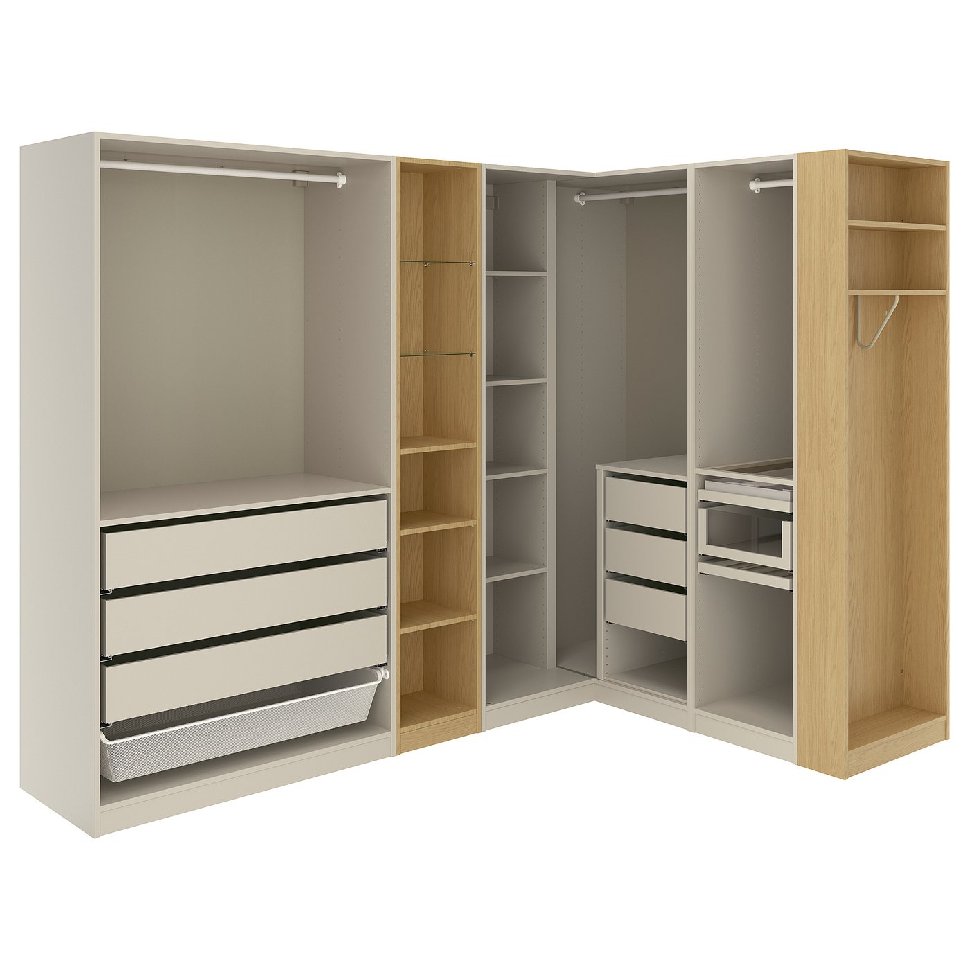PAX corner wardrobe, gray-beige gray-beige/oak effect, 965/8