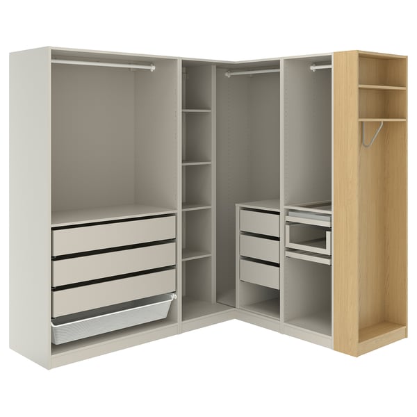 PAX Corner wardrobe, gray-beige/gray-beige oak veneer, 82 7/8/71x79 1/4 "
