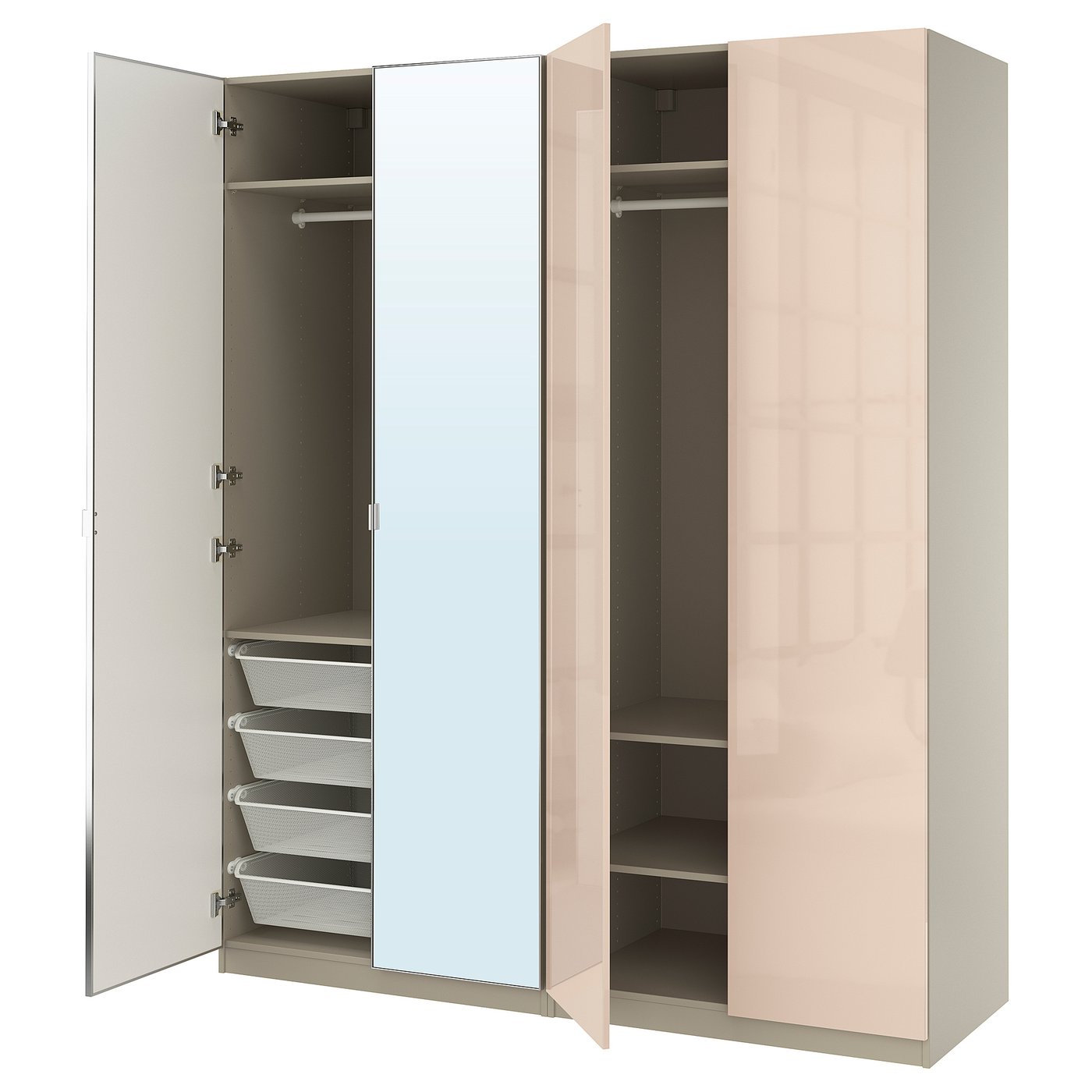 PAX / FARDAL/ÅHEIM wardrobe combination, gray-beige high gloss