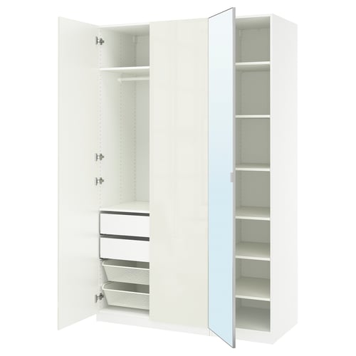 White PAX wardrobe with foldable shelves, drawers, and mirrored doors.