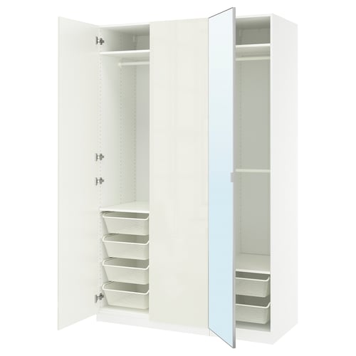 White PAX wardrobe with mirrored doors, containing mesh baskets and storage racks.