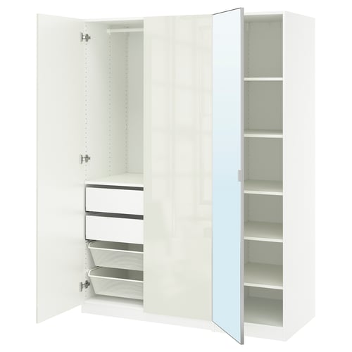 White PAX wardrobe with mirror, shelves, drawers, and mesh basket. Modern design, space-saving.
