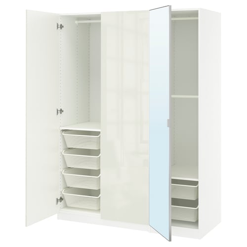 White PAX wardrobe with mirror, mesh baskets, and pull-out shelves for storage.