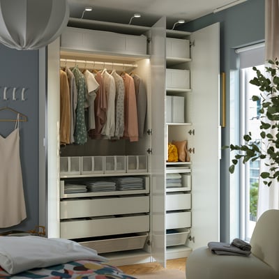 PAX / FARDAL/ÅHEIM Wardrobe combination, white/high-gloss/white mirror glass, 59x23 5/8x93 1/8 "