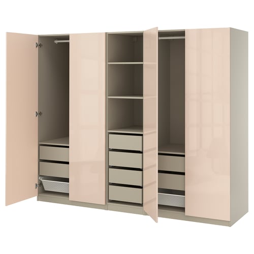 PAX wardrobe, beige, glossy finish, 3 wide drawers, 4 shelves, open doors revealing interior.