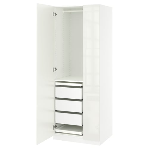 White PAX wardrobe with open doors, metal shelves.