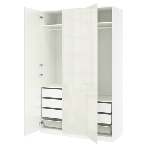 An open white PAX wardrobe with shelves and drawers. Its sleek, modern, and mesh baskets and hangers for organising clothes.