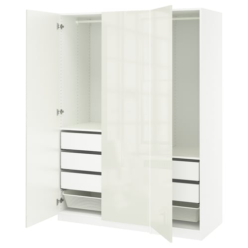 A white PAX wardrobe with open doors, featuring drawers and shelves. Its a sleek, modern design made of particleboard and fiberboard.
