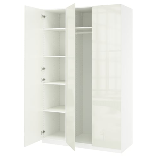 White PAX wardrobe with open door, shelves, hanging space, modern design.