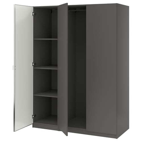 Grey PAX wardrobe, mirrored doors open showing shelves.