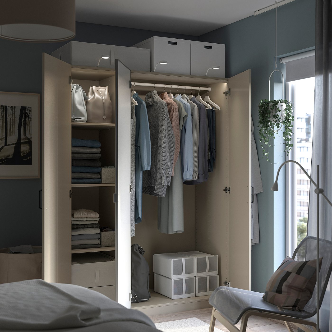 PAX / FORSAND/ÅHEIM wardrobe combination, gray-beige/mirror