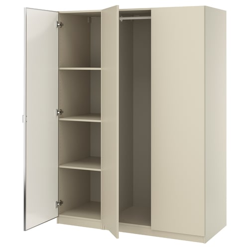 Beige PAX wardrobe with open doors, empty shelves, and hanging rod.