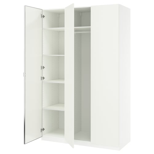 An open white PAX wardrobe with mirrored doors, metal hinges, and wooden shelves for storage.