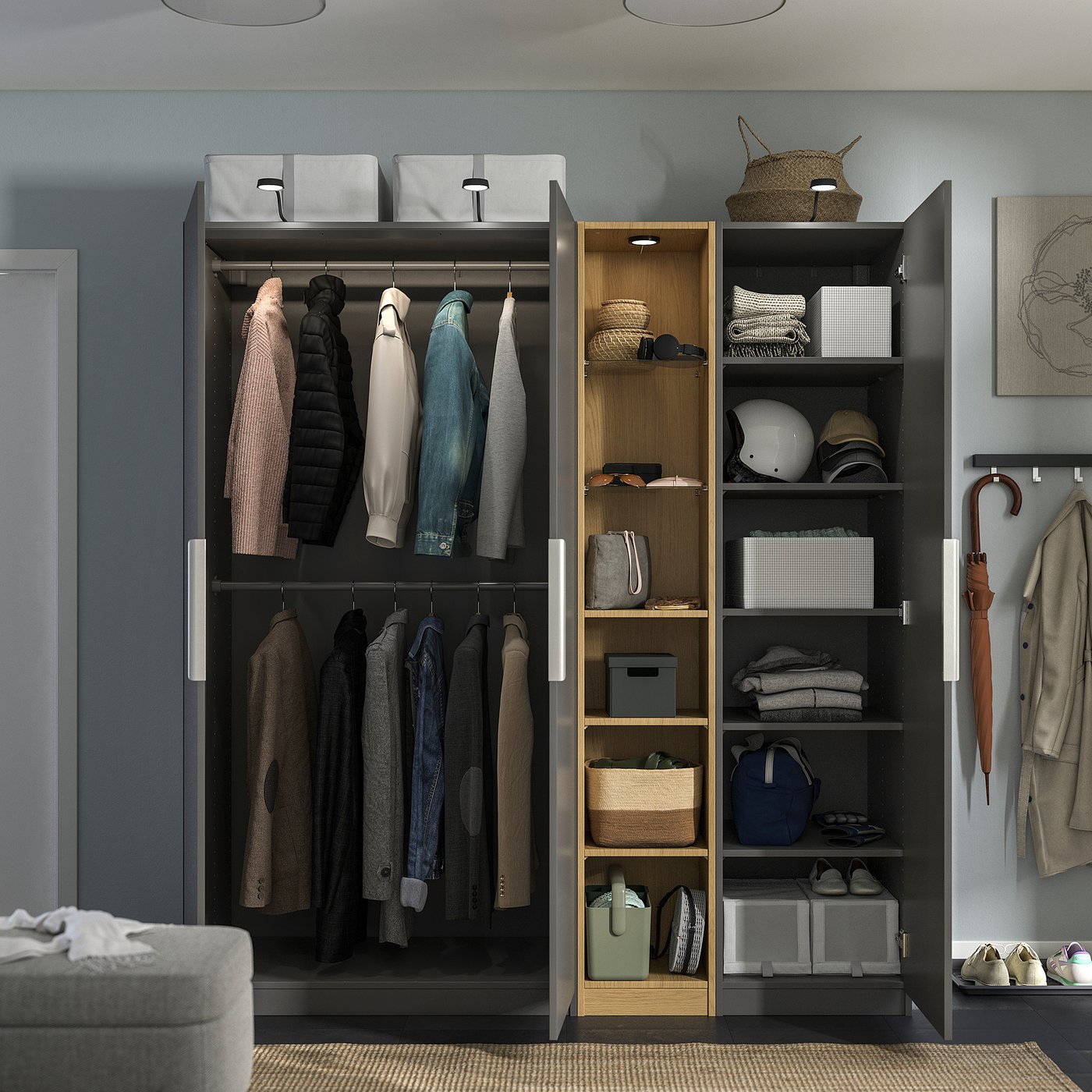 Wardrobe combination, dark gray dark gray/oak effect 3