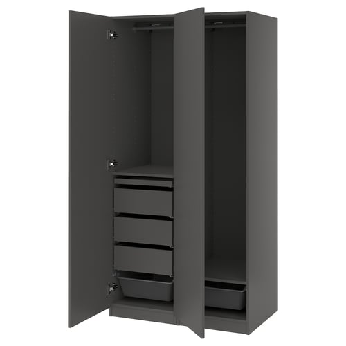 A grey PAX wardrobe with open doors, revealing shelves and drawers inside.