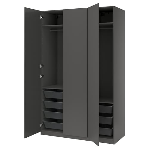 PAX wardrobe in dark grey with mesh drawers, hanging rod, and soft-close hinges.