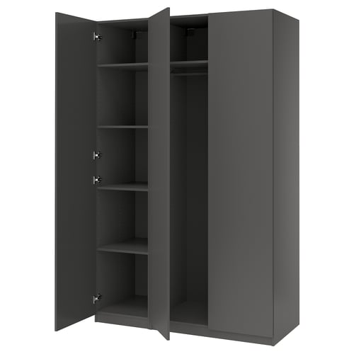 A grey PAX wardrobe with open doors revealing shelves and a hanging rod.