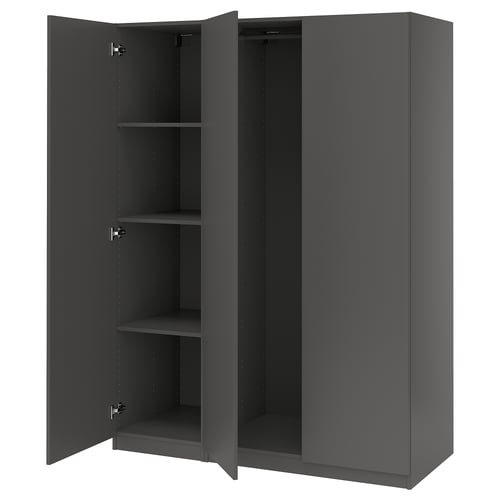A dark grey PAX wardrobe with two open doors revealing empty shelves.