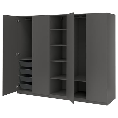 Black triple-door wardrobe with mesh baskets, shelves, and adjustable hinges.