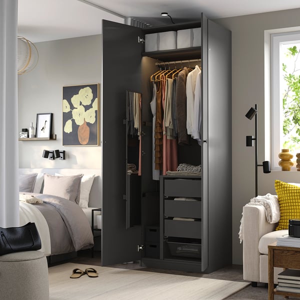 PAX / FORSAND Wardrobe combination, dark gray/dark gray, 29 1/2x23 5/8x93 1/8 "