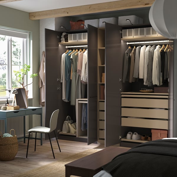 PAX / FORSAND Wardrobe combination, dark gray gray-beige/dark gray, 98 3/8x23 5/8x93 1/8 "