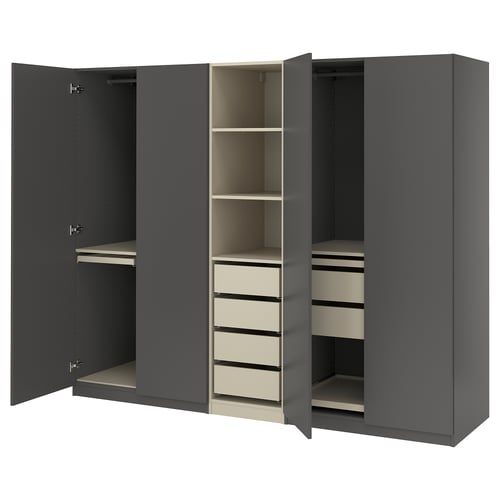 Grey PAX wardrobe with open doors, shelves, and drawers.