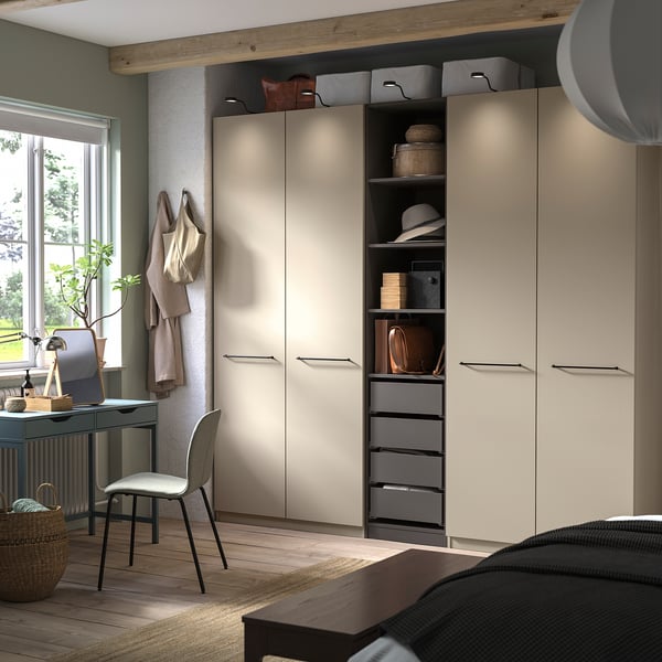 PAX / FORSAND Wardrobe combination, gray-beige dark gray/gray-beige, 98 3/8x23 5/8x93 1/8 "
