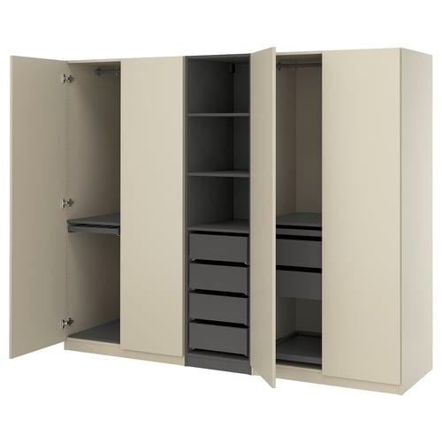 PAX wardrobe, beige, with shelves and drawers, modern design.