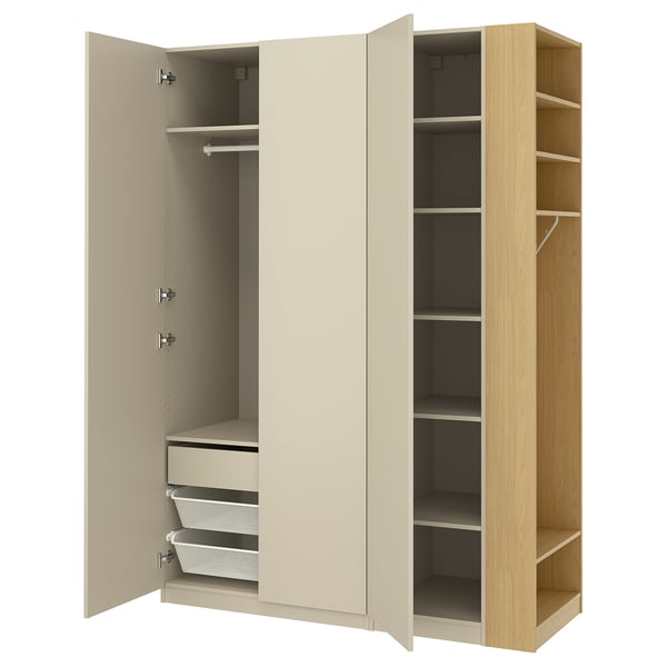 PAX / FORSAND Wardrobe combination, gray-beige gray-beige/oak effect, 66 7/8x23 5/8x93 1/8 "