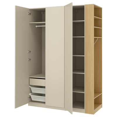 PAX / FORSAND Wardrobe combination, gray-beige gray-beige/oak effect, 66 7/8x23 5/8x93 1/8 "