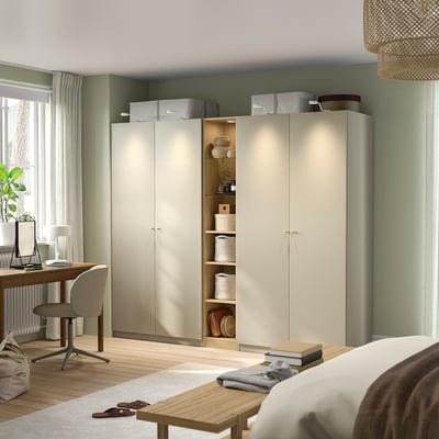 PAX / FORSAND Wardrobe combination, gray-beige gray-beige/oak effect, 92 1/2x23 5/8x79 1/4 "