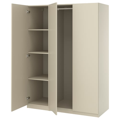 Beige PAX wardrobe, 3 shelves, soft close doors.