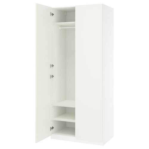 A white PAX wardrobe with one door open, revealing shelves and a clothes rail inside.
