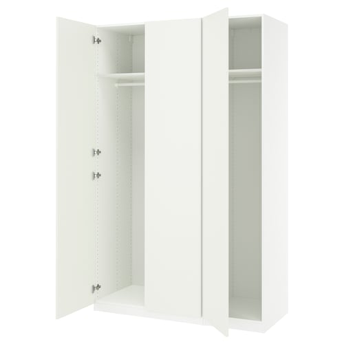 White PAX wardrobe, open doors revealing shelves and closet space.