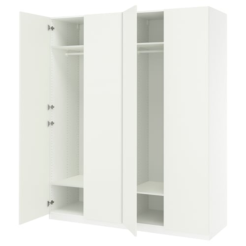 A white IKEA PAX wardrobe with open doors, featuring shelves and a hanging rod inside.