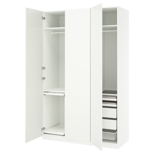 A white PAX wardrobe with open doors, revealing shelves and drawers inside.