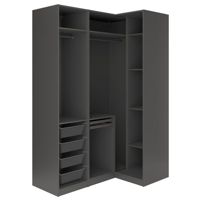 Dark grey PAX wardrobe with shelves and drawers, modern design.