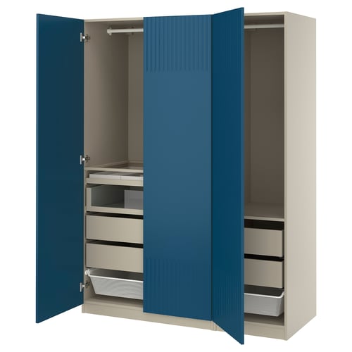 A blue PAX wardrobe with open doors, revealing shelves and drawers. It a modern design with a textured finish.